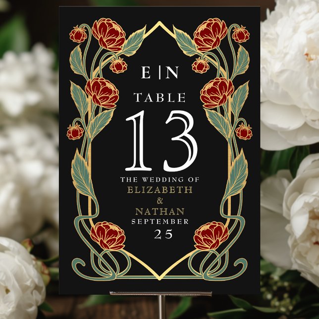 Elegant Red Peony Art Nouveau Floral Wedding Table Number (Creator Uploaded)