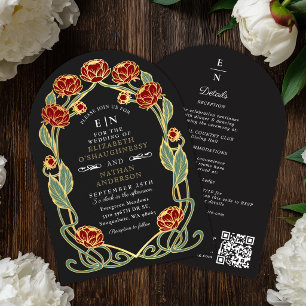 Elegant Red Peony Art Nouveau Wedding Arch QR Invitation