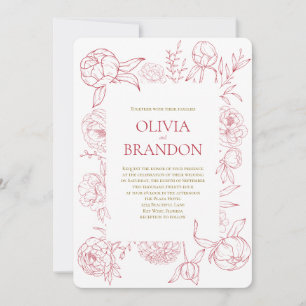 Elegant Red Peony Floral Line Drawing Wedding Invitation