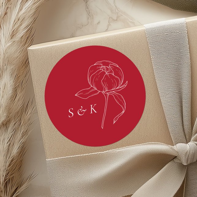 Elegant Red Peony Monogram Wedding Classic Round Sticker (Creator Uploaded)