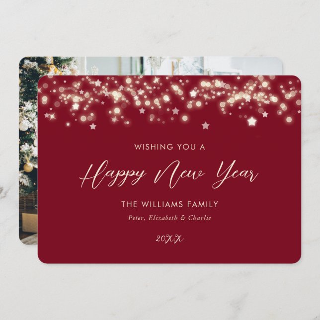 Elegant Red Photo Happy New Year Card (Front/Back)