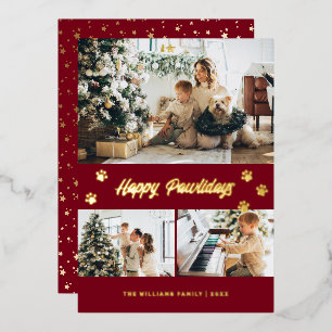 Elegant Red Photo Happy Pawlidays Gold Foil Holiday Card