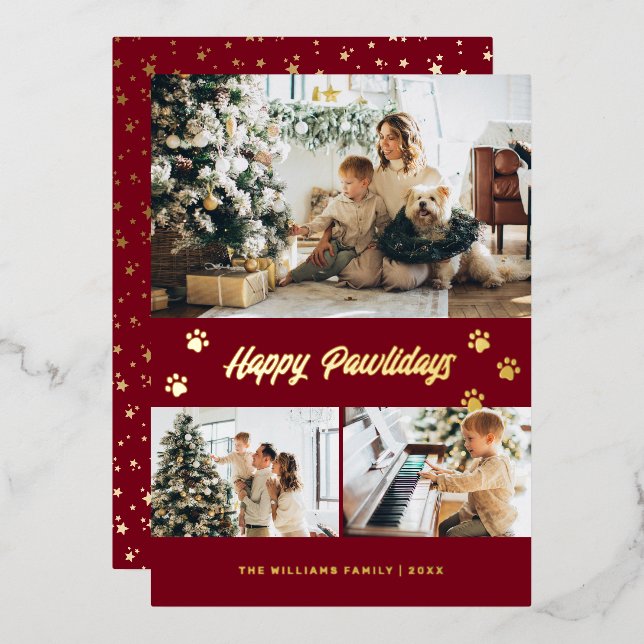 Elegant Red Photo Happy Pawlidays Gold Foil Holiday Card (Front/Back)