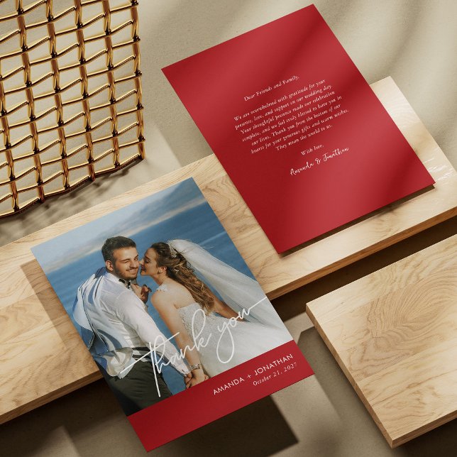Elegant Red Photo Wedding Thank You Card (Elegant Red Wedding Thank You Card Personalized)