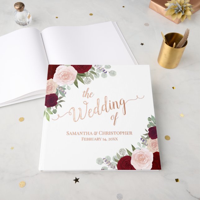 Elegant Red & Pink Boho Roses Foil Wedding Guest Book (Front Open)