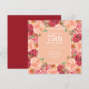 Elegant Red Pink Floral 75th Birthday Party Women Invitation