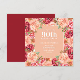 Elegant Red Pink Floral 90th Birthday Party Women Invitation