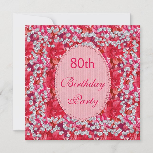 Elegant Red/Pink Floral & Diamonds 80th Birthday Invitation (Front)