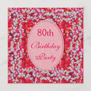 Elegant Red/Pink Floral & Diamonds 80th Birthday Invitation