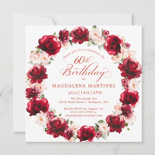 Elegant Red Pink Floral Wreath 60th Birthday Invitation (Front)