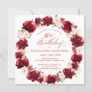 Elegant Red Pink Floral Wreath 80th Birthday Invitation
