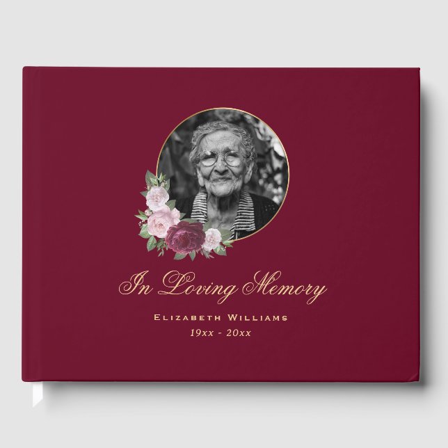 Elegant Red Pink Gold Floral Funeral Photo Guest Book (Front)