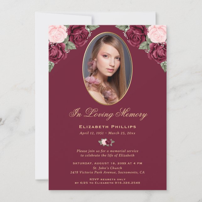 Elegant Red Pink Gold Photo Memorial Service Invitation (Front)
