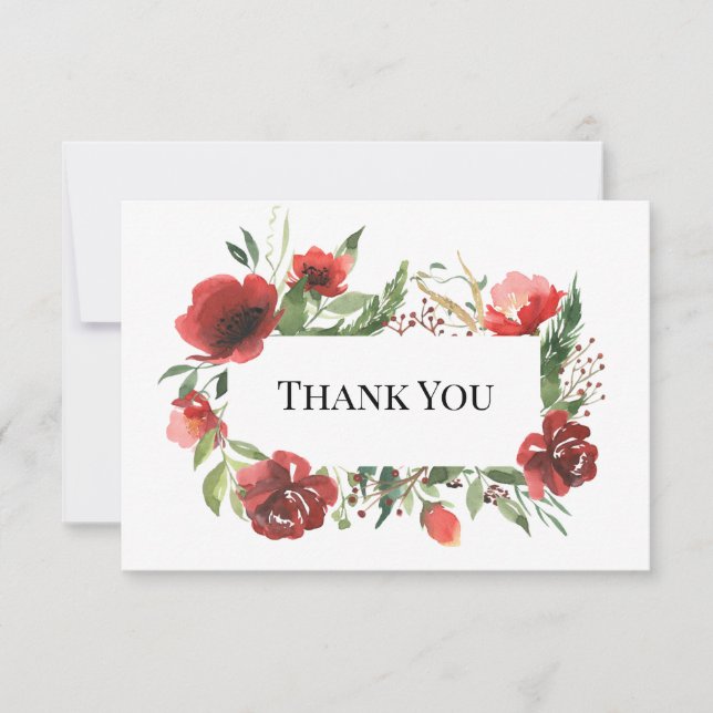 Elegant Red Pink Greenery Floral Wedding Thank You Card (Front)