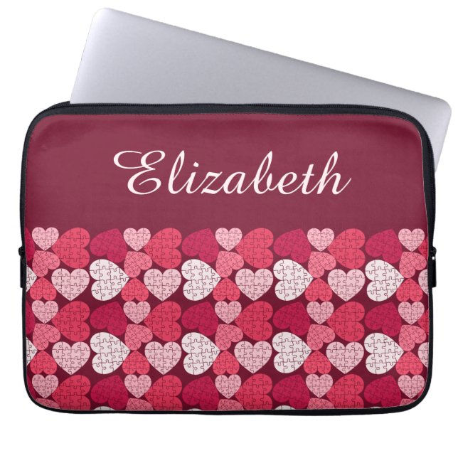 Elegant Red Pink Jigsaw Puzzle Heart Pattern Name Laptop Sleeve (Front)