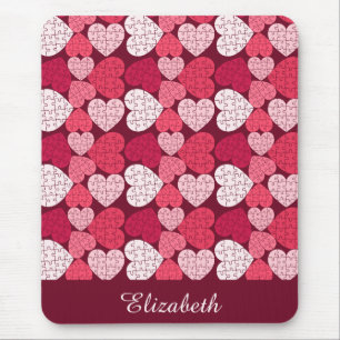 Elegant Red Pink Jigsaw Puzzle Heart Pattern Name Mouse Mat