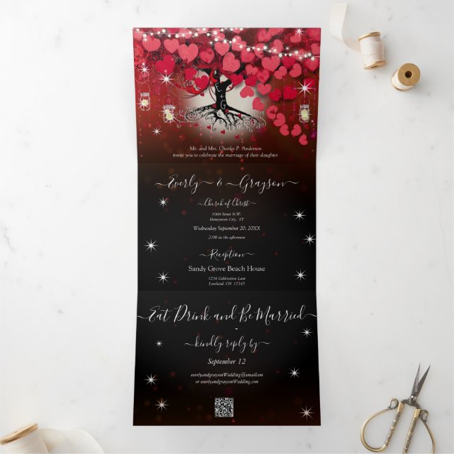 Elegant Red Pink on Black  Heart Leaf Wedding Tri-Fold Invitation (Inside)