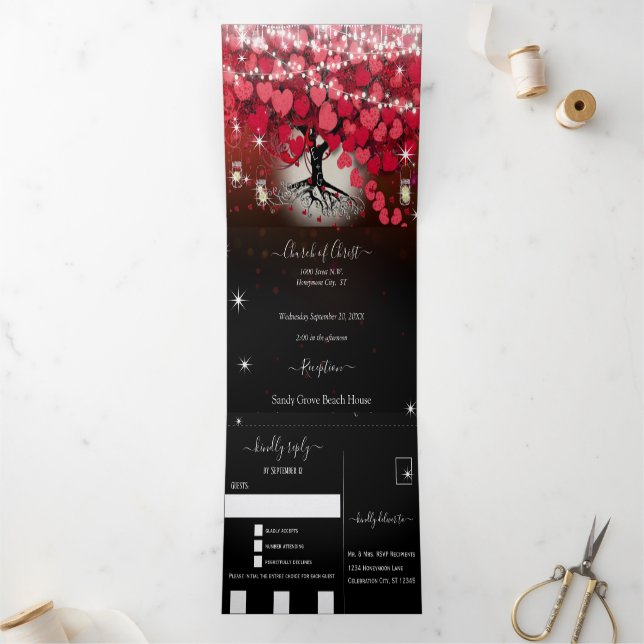 Elegant Red Pink on Black  Heart Leaf Wedding Tri-Fold Invitation (Inside)