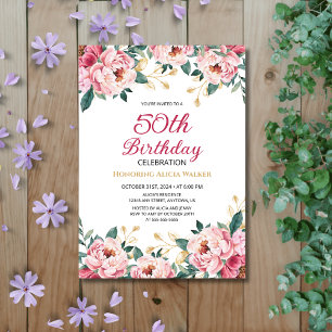 Elegant Red Pink Peony Floral Gold Leaf Birthday  Invitation