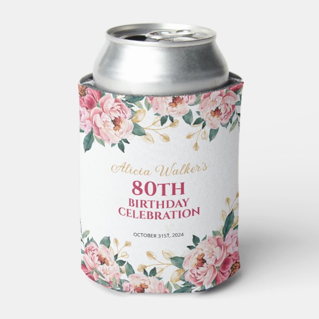 Elegant Red Pink Peony Flower Gold Leaf Birthday  Can Cooler (Can Front)