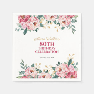 Elegant Red Pink Peony Flower Gold Leaf Birthday Napkin