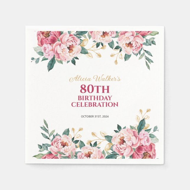 Elegant Red Pink Peony Flower Gold Leaf Birthday  Napkin (Front)