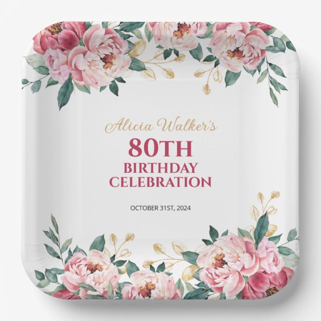 Elegant Red Pink Peony Flower Gold Leaf Birthday  Paper Plate (Front)