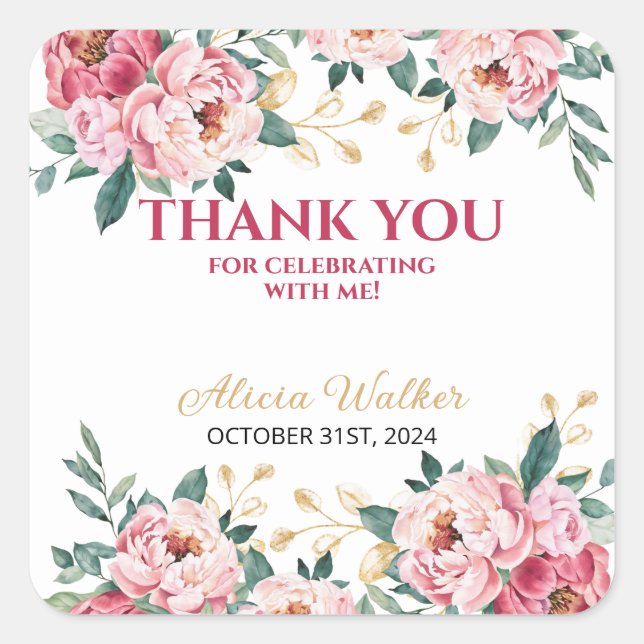 Elegant Red Pink Peony Flower Gold Leaf Birthday  Square Sticker (Front)