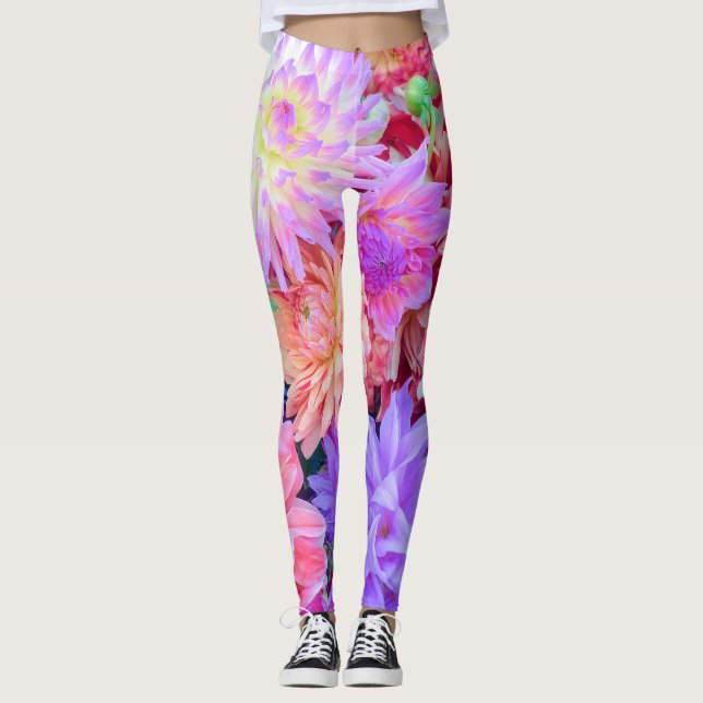 Elegant Red Pink Purple Orange Flowers Bouquet | Leggings (Front)