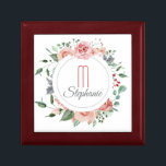 Elegant Red Pink Rose Floral Frame Monogram Gift Box<br><div class="desc">Here's a beautiful gift box for her,  with a rose floral circle frame in soft red,  pink,  and green,  with touches of grey. At the centre is her monogram in matching red pink,  and her name in grey. Everything is placed on a white background.</div>