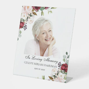 Elegant Red Pink Rose Floral Funeral Photo Pedestal Sign