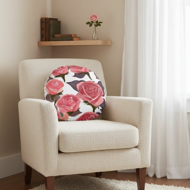 Elegant Red Pink Roses Floral Pattern Watercolor Round Cushion (Creator Uploaded)