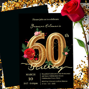 Elegant Red Pink Roses & Gold Number 60th Birthday Invitation