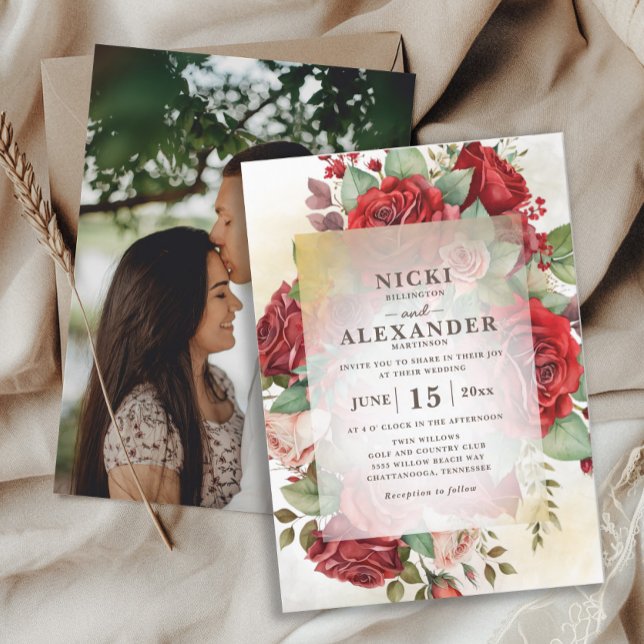 Elegant Red Pink Roses Photo Wedding Invitation (Elegant red roses wedding invitation with an engagement photo on the back.)