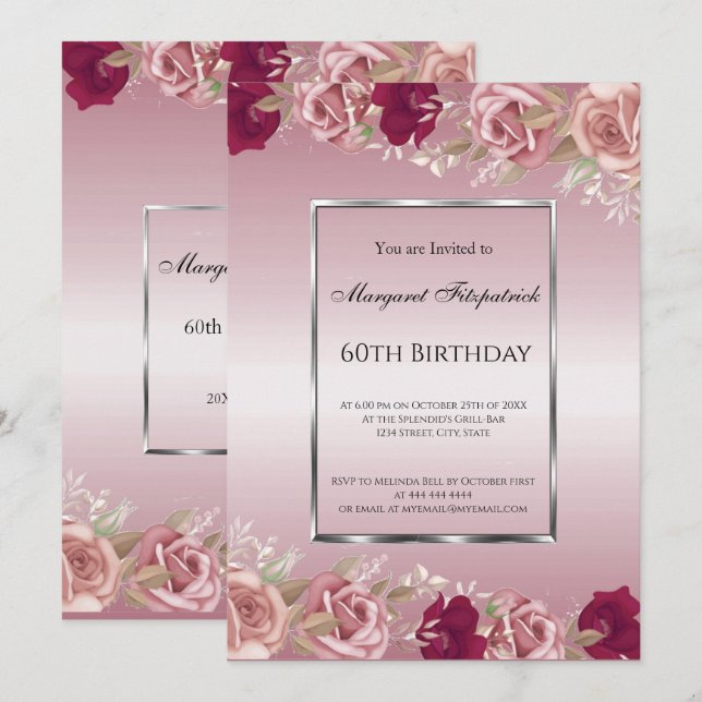 Elegant Red Pink Roses Pink Birthday Invitation (Front/Back)