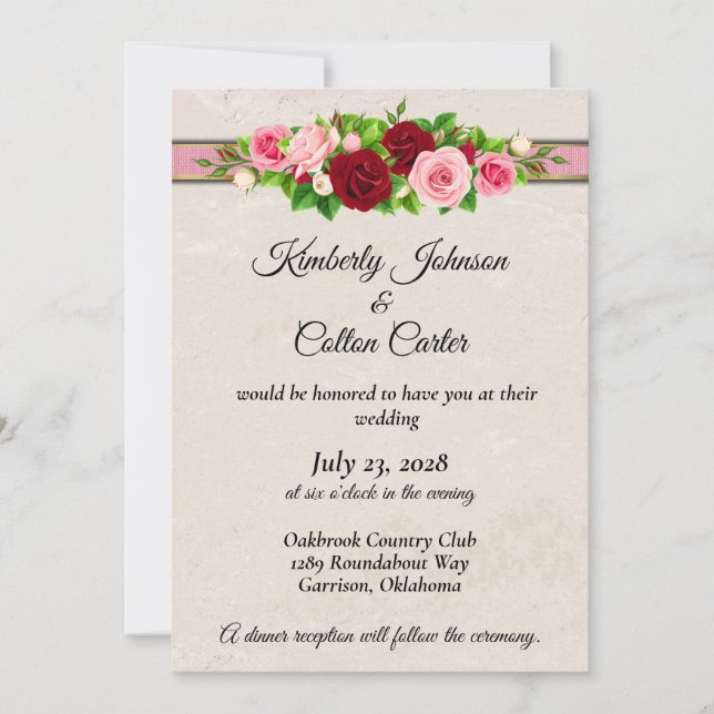 Elegant Red & Pink Roses with Gold Wedding  Invitation (Front)