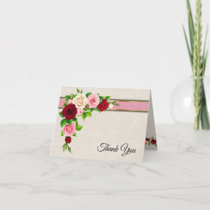 Elegant Red & Pink Roses with Gold Wedding Thank You Card
