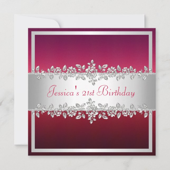 Elegant Red Pink Silver Roses Birthday Party Invitation (Front)