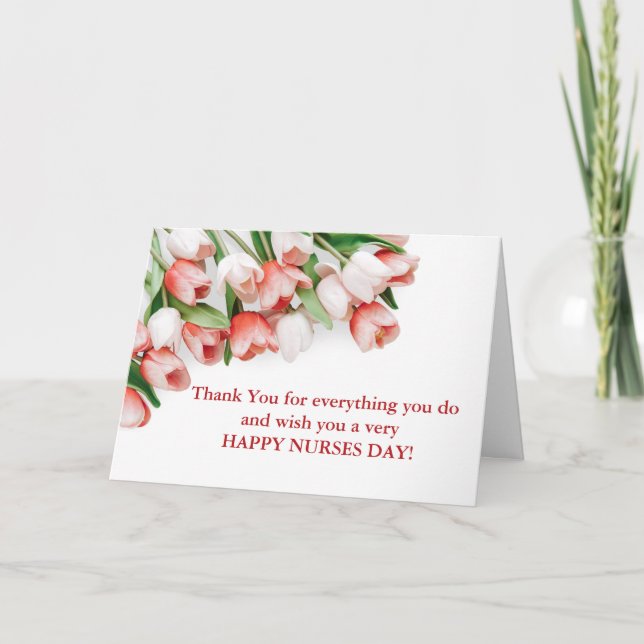 Elegant Red & Pink Tulip Floral Happy Nurses Day Thank You Card (Front)