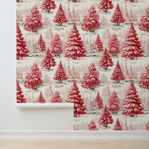 Elegant Red Pink Vintage Snowy Christmas Trees Wallpaper