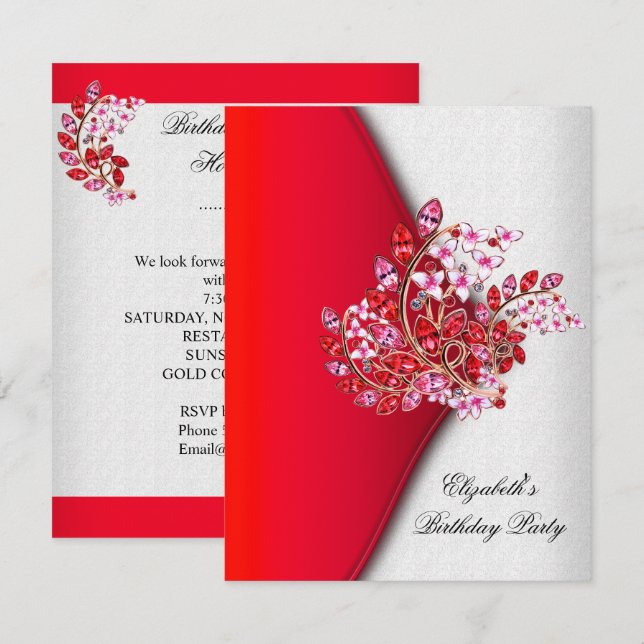 Elegant Red Pink White Jewel Birthday Party Invitation (Front/Back)