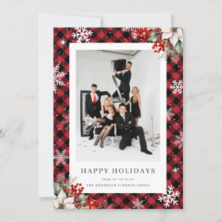 Elegant Red Plaid Botanical Photo Business Holiday Card