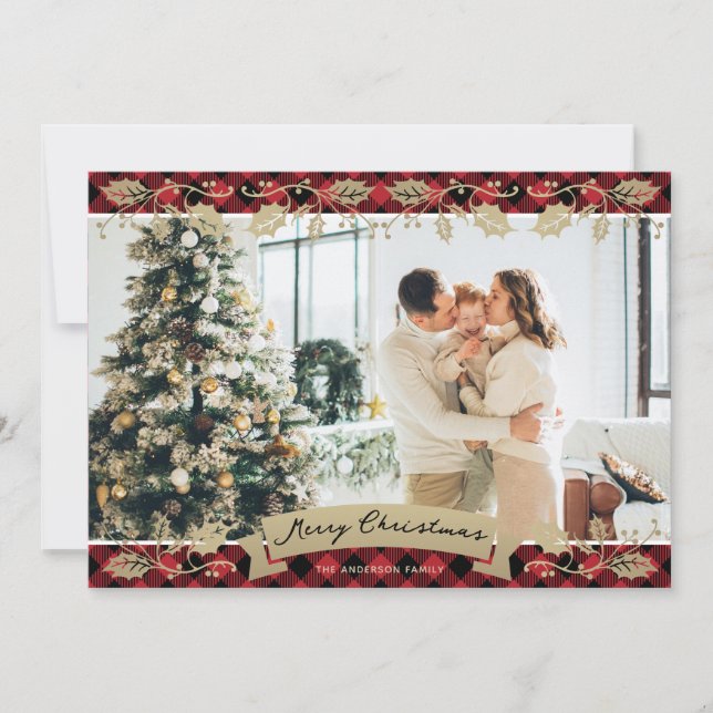 Elegant Red Plaid Botanical Photo Merry Christmas Holiday Card (Front)