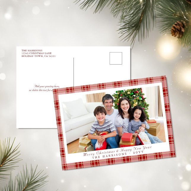 Elegant Red Plaid Christmas Photo Postcard (Elegant Red Plaid Christmas Photo Postcard)