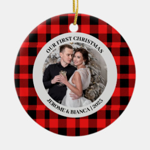 Elegant Red Plaid First Christmas Couple photo Ceramic Tree Decoration