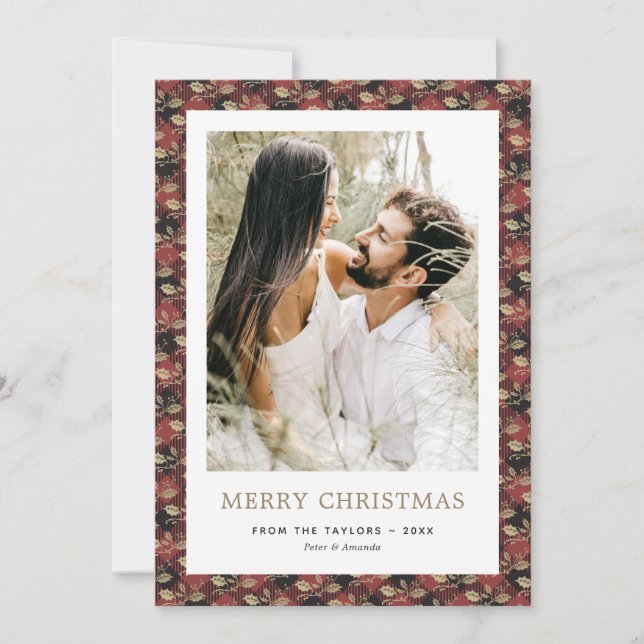 Elegant Red Plaid Holly Photo Merry Christmas Card (Front)