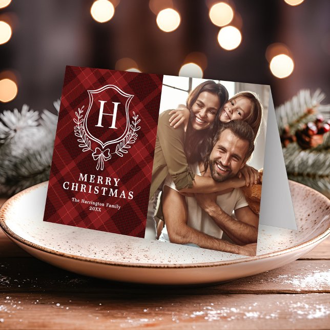Elegant Red Plaid Monogram Photo Christmas Holiday Card (Creator Uploaded)