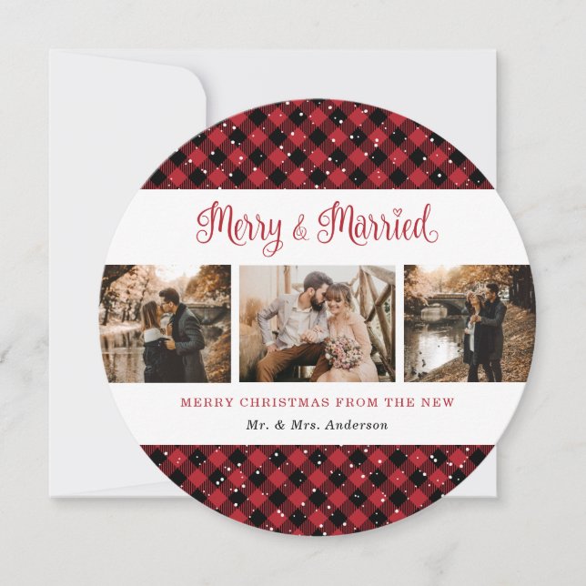 Elegant Red Plaid Newlyweds Christmas Cards (Front)