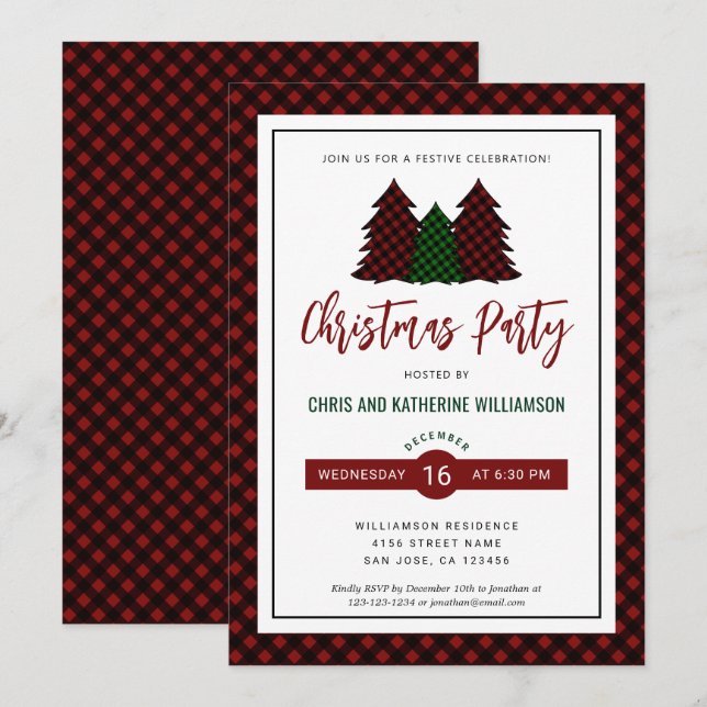 Elegant Red Plaid Pattern Christmas Holiday Party Invitation (Front/Back)