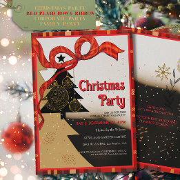 Elegant Red Plaid Ribbon Christmas Party Invitation